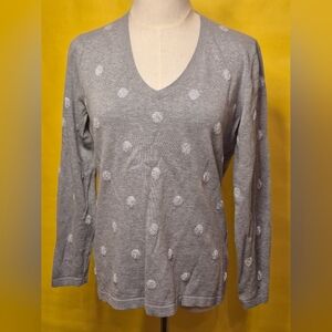 Women’s Gray V-Neck Long Sleeve Sweater with Metallic Polka Dot Texture